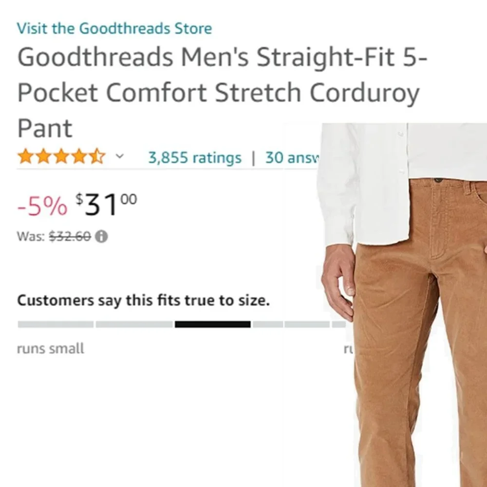 GOODTHREADS Straight-Fit 5-Pocket Comfort Stretch Corduroy Pants NEW WITH TAGS!